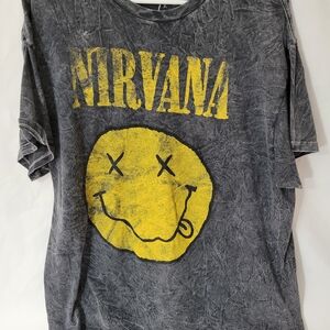 Nirvana Smiley Face Graphic T-shirt Size Xl Black Acid Wash Grunge Rock Band Tee